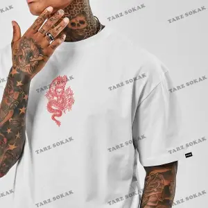 Unisex Oversize Dragon Baskılı Beyaz