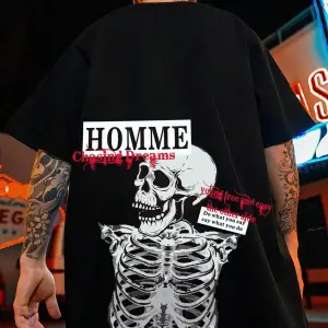 Unisex Oversize Kalıp Sloganlı ve İskelet Baskılı Harajuku Style