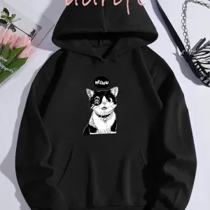 Unisex Oversize Kapüşonlu Kanguru Cepli Cat Meow Baskılı Siyah