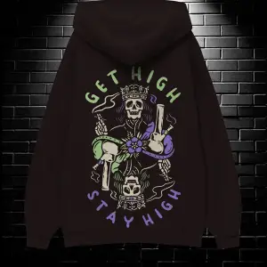 Unisex Oversize Kapüşonlu Kanguru Cepli Get High Stay High Baskılı Sweatshirt Hoodie Beyaz