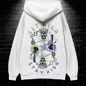 Unisex Oversize Kapüşonlu Kanguru Cepli Get High Stay High Baskılı Sweatshirt Hoodie Beyaz