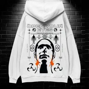 Unisex Oversize Kapüşonlu Kanguru Cepli Open Your Baskılı Sweatshirt Hoodie Beyaz