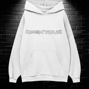 Unisex Oversize Kapüşonlu Kanguru Cepli Open Your Baskılı Sweatshirt Hoodie Beyaz