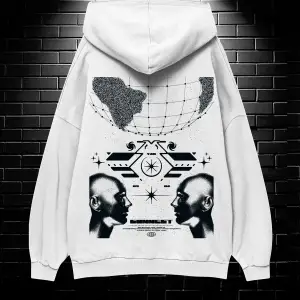Unisex Oversize Kapüşonlu Kanguru Cepli Resro Futurısm Baskılı Sweatshirt Hoodie Beyaz