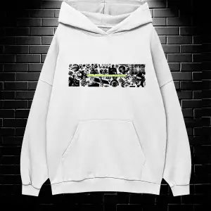 Unisex Oversize Kapüşonlu Kanguru Cepli Resro Futurısm Baskılı Sweatshirt Hoodie Beyaz