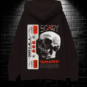 Unisex Oversize Kapüşonlu Kanguru Cepli Scaryskul Baskılı Sweatshirt Hoodie Beyaz