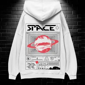 Unisex Oversize Kapüşonlu Kanguru Cepli Space Worldred Baskılı Sweatshirt Hoodie Beyaz