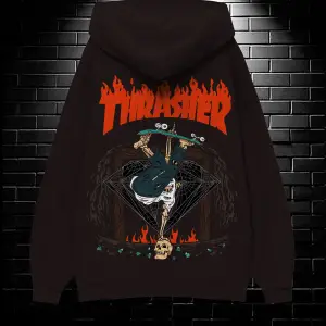 Unisex Oversize Kapüşonlu Kanguru Cepli Thrasher Baskılı Sweatshirt Hoodie Beyaz
