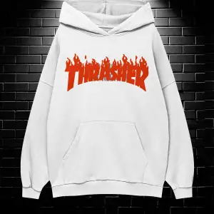 Unisex Oversize Kapüşonlu Kanguru Cepli Thrasher Baskılı Sweatshirt Hoodie Beyaz