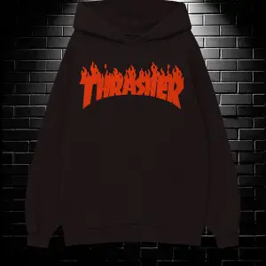 Unisex Oversize Kapüşonlu Kanguru Cepli Thrasher Baskılı Sweatshirt Hoodie Beyaz