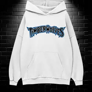Unisex Oversize Kapüşonlu Kanguru Cepli Timberwolves Baskılı Sweatshirt Hoodie Beyaz
