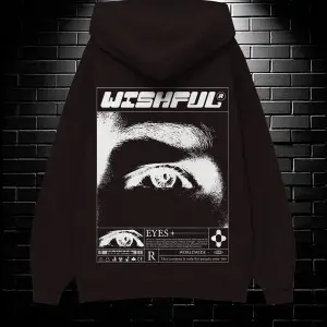 Unisex Oversize Kapüşonlu Kanguru Cepli Wıshful Baskılı Sweatshirt Hoodie Beyaz