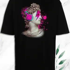 Unisex Oversize Mitoloji Trend Heykel Baskılı Beyaz Tişört