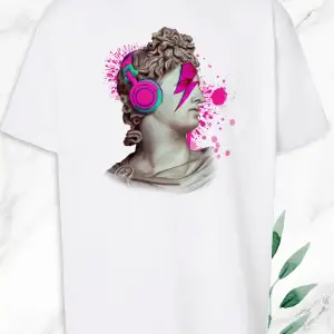 Unisex Oversize Mitoloji Trend Heykel Baskılı Beyaz Tişört