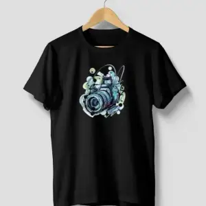 Unısex Oversıze Pamuklu Fotograf Makinası Baskılı Siyah Beyaz Indigo Renk T-shirt