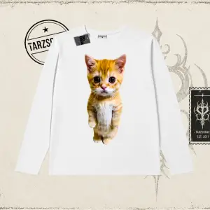 Unisex Sad Cat el gato Biskilet Yaka  Long Sleeve Beyaz