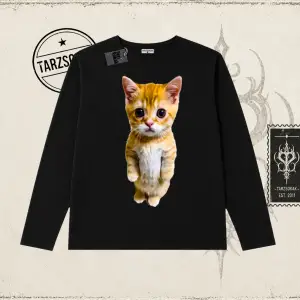Unisex Sad Cat el gato Biskilet Yaka  Long Sleeve Beyaz