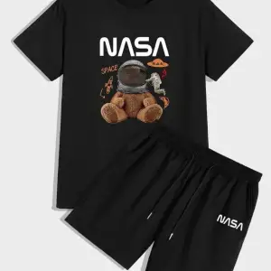 Unisex Siyah Alt-üst Tshirt Şort Kombini Nasa Ayıcık Baskılı Takım