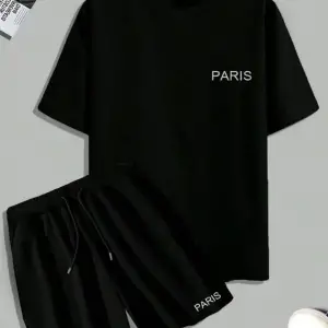 Unisex Siyah Alt-üst Tshirt Şort Kombini Paris Baskılı Takım