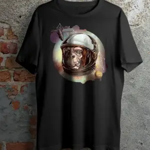 Unisex Siyah Astronot Maymun Baskılı Oversize Bisiklet Yaka Tişört