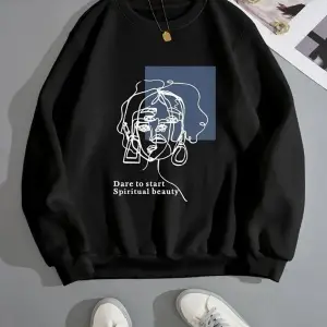 Unisex Siyah Bisiklet Yaka Kadın Surat Baskılı Pamuklu Sweatshirt