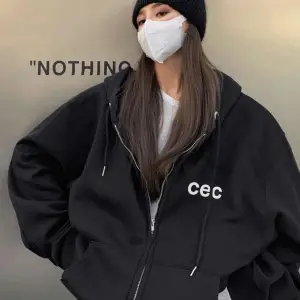 Unisex Siyah CEC Baskılı Oversize Kapüşonlu Hırka