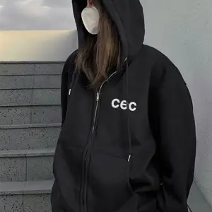 Unisex Siyah CEC Baskılı Oversize Kapüşonlu Hırka