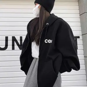 Unisex Siyah CEC Baskılı Oversize Kapüşonlu Hırka