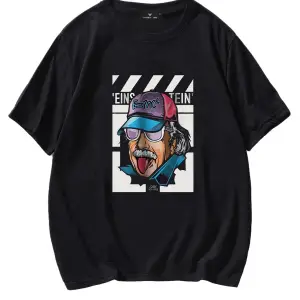 Unisex Siyah Einstein Baskılı Oversize Tişört