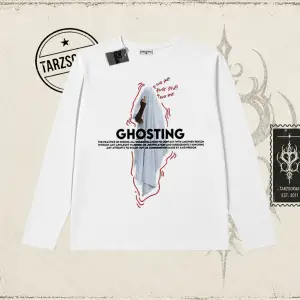 Unisex Siyah Ghosting Biskilet Yaka  Long Sleeve Beyaz