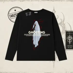 Unisex Siyah Ghosting Biskilet Yaka  Long Sleeve Beyaz