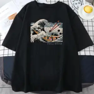Unisex Siyah Japon Dalga Baskılı Oversize Bisiklet Yaka T-shirt