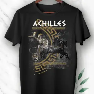 Unısex Siyah Mitoloji Akhilleus Baskılı Tişört