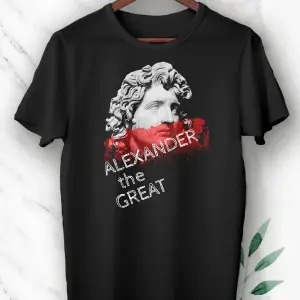 Unisex Siyah Mitoloji Büyük İskender Baskılı T-shirt