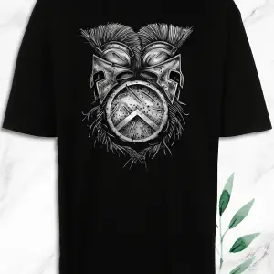 Unisex Siyah Mitoloji Gladyatör Miğfer Baskılı Oversize T-Shirt