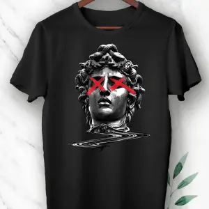 Unisex Siyah Mitoloji Heykel Baskılı T-shirt