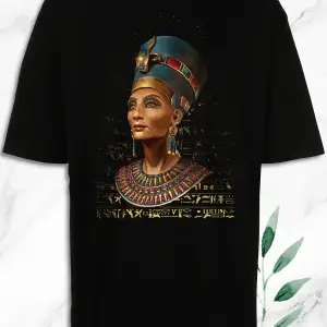 Unisex Siyah Oversize Antik Mısır Kraliçe Nefertiti Heykel Baskılı Tişört