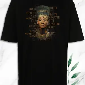 Unisex Siyah Oversize Mitoloji Antik Mısır Kraliçe Nefertiti Baskılı Tişört