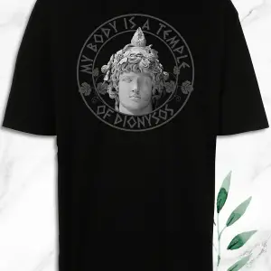 Unisex Siyah Oversize Mitoloji Şarap Tanrısı Dionysos Heykel Baskılı Tişört