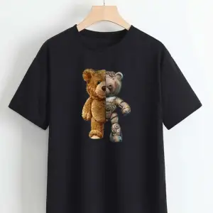 Unisex Siyah Robotik Ayıcık Baskılı Oversize Bisiklet Yaka T-shirt