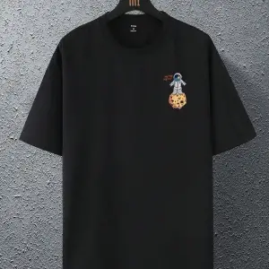 Unisex Siyah The Galaxy Gezegen Baskılı Oversize Bisiklet Yaka Tshirt