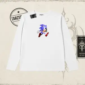 Unisex Sonic The Hedgehog Biskilet Yaka  Long Sleeve Beyaz