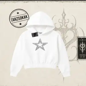 Unisex Star Stroke Kadın Crop Kapşonlu Sweatshirt Beyaz