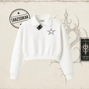 Unisex Star Stroke Kadın Crop Polo Yaka Yarım Fermuarlı Sweatshirt Beyaz