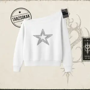 Unisex Star Stroke Kadın Kayık Yaka Sweatshirt Beyaz