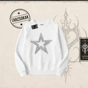 Unisex Star Stroke Oversize Unisex Bisiklet Yaka Sweatshirt Beyaz
