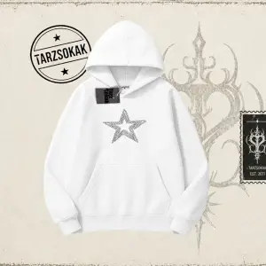 Unisex Star Stroke Oversize Unisex Kapşonlu Sweatshirt Beyaz