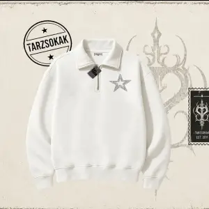Unisex Star Stroke Unisex Polo Yaka Yarım Fermuarlı Sweatshirt Beyaz