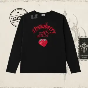 Unisex Strawberry Milk Biskilet Yaka  Long Sleeve Beyaz