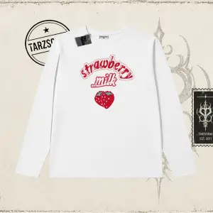 Unisex Strawberry Milk Biskilet Yaka  Long Sleeve Beyaz